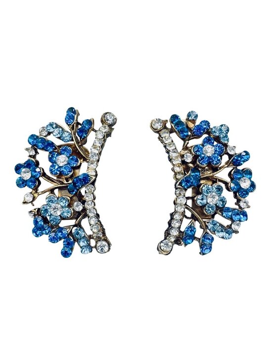 DeMario Jewelry - Vintage DeMario Blue Glass Floral Earrings Clip Climber Forget Me Not